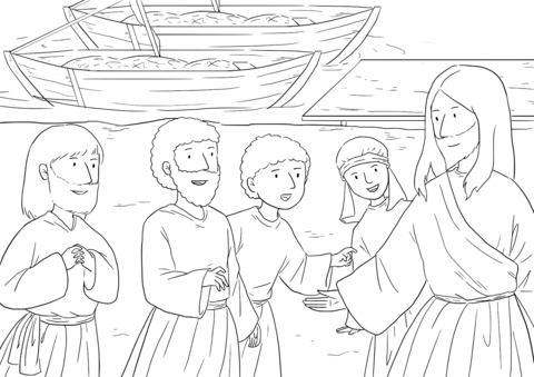 Luke 5 10 11 Fishers Of Men   The Fishers Follow Jesus Coloring Page